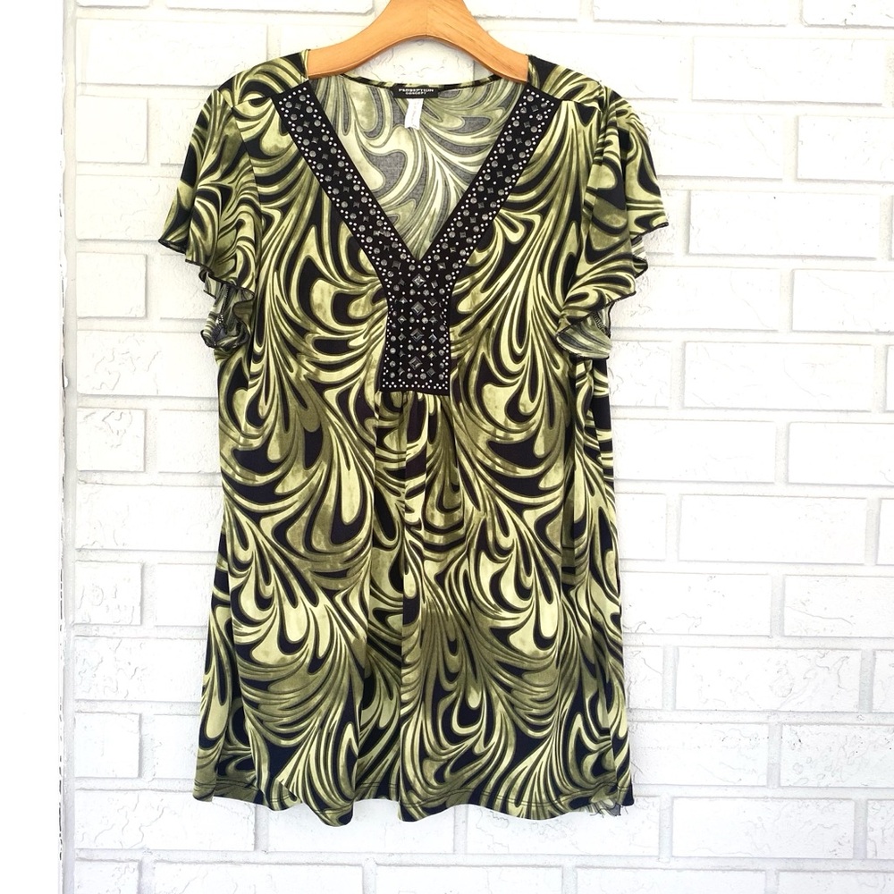 Perseption Concept Green & Black Op Art Studded Top Short Flutter Sleeves Large